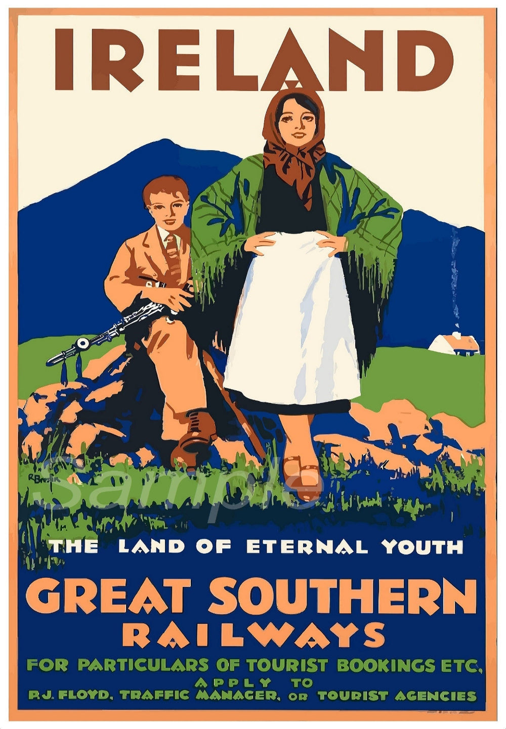 A vintage railway poster featuring a colorful illustration of a man and a woman seated on grass with a background of a train and a title 'IRELAND THE LAND OF ETERNAL YOUTH' along with 'GREAT SOUTHERN RAILWAYS' text.