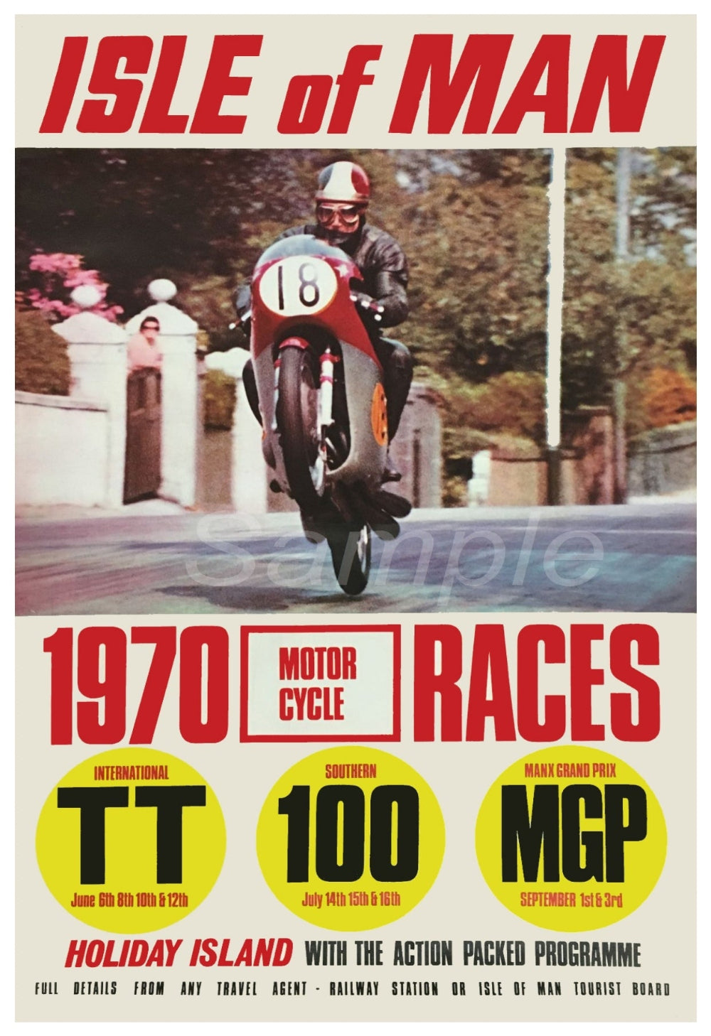 Vintage style poster for the Isle of Man 1970 TT Races featuring a motorcycle rider in action, with text and branding elements.
