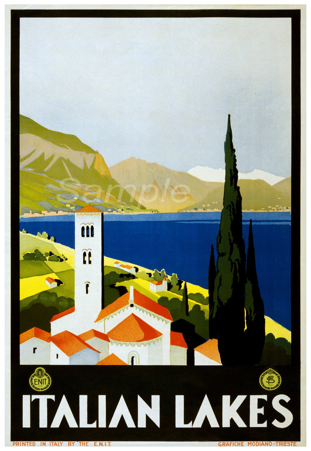 Vintage travel poster depicting a scenic view of the Italian Lakes with a village and a large tree in the foreground, and mountains in the background.