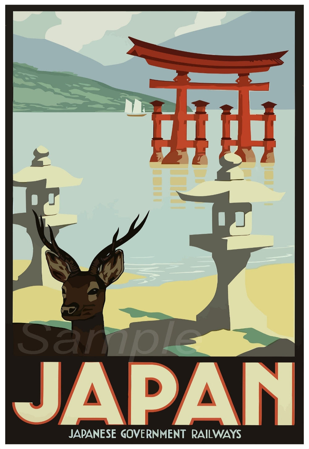 Vintage style railway poster print featuring a deer, a red Japanese gate, and a body of water, with the word 'Japan' and 'Japanese Government Railways' printed at the bottom.