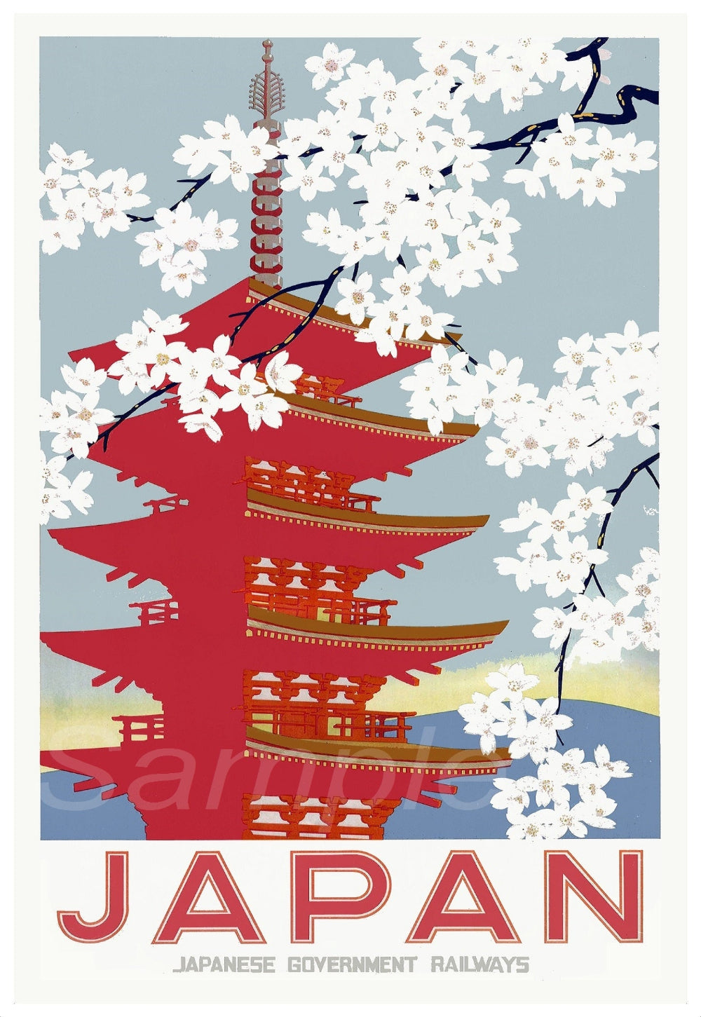 A vintage style railway poster featuring a red Japanese castle with a white base and surrounded by cherry blossoms, with the text 'Japan' and 'Japanese Government Railways' at the bottom.