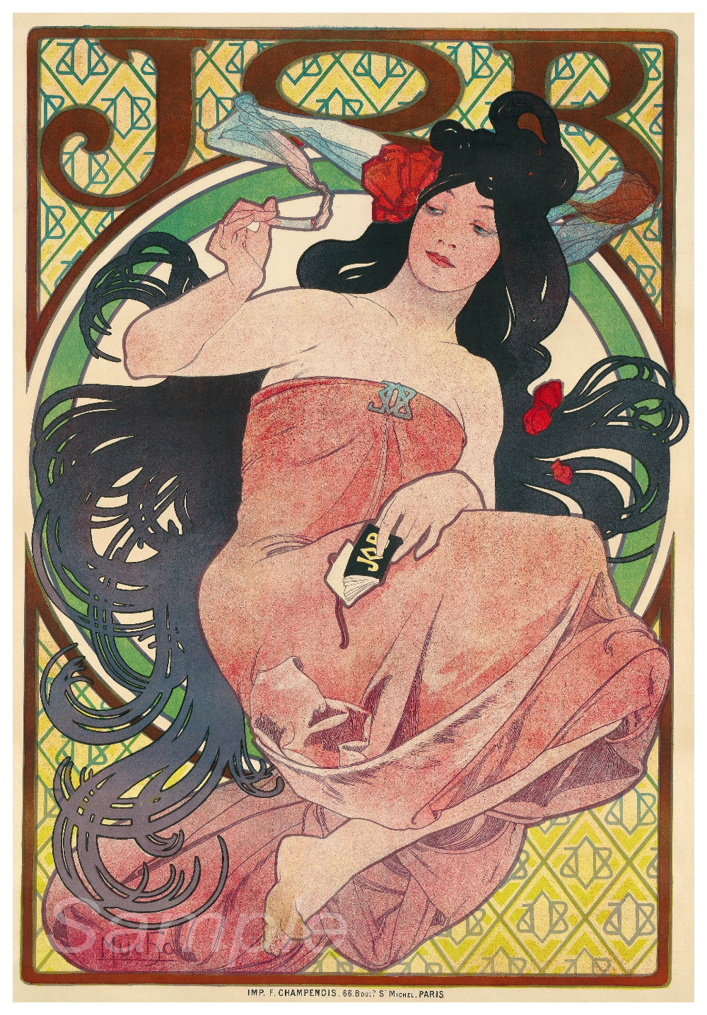 A vintage advertising poster featuring a woman with dark hair, wearing a flowing dress and holding a cigarette, with a decorative background.