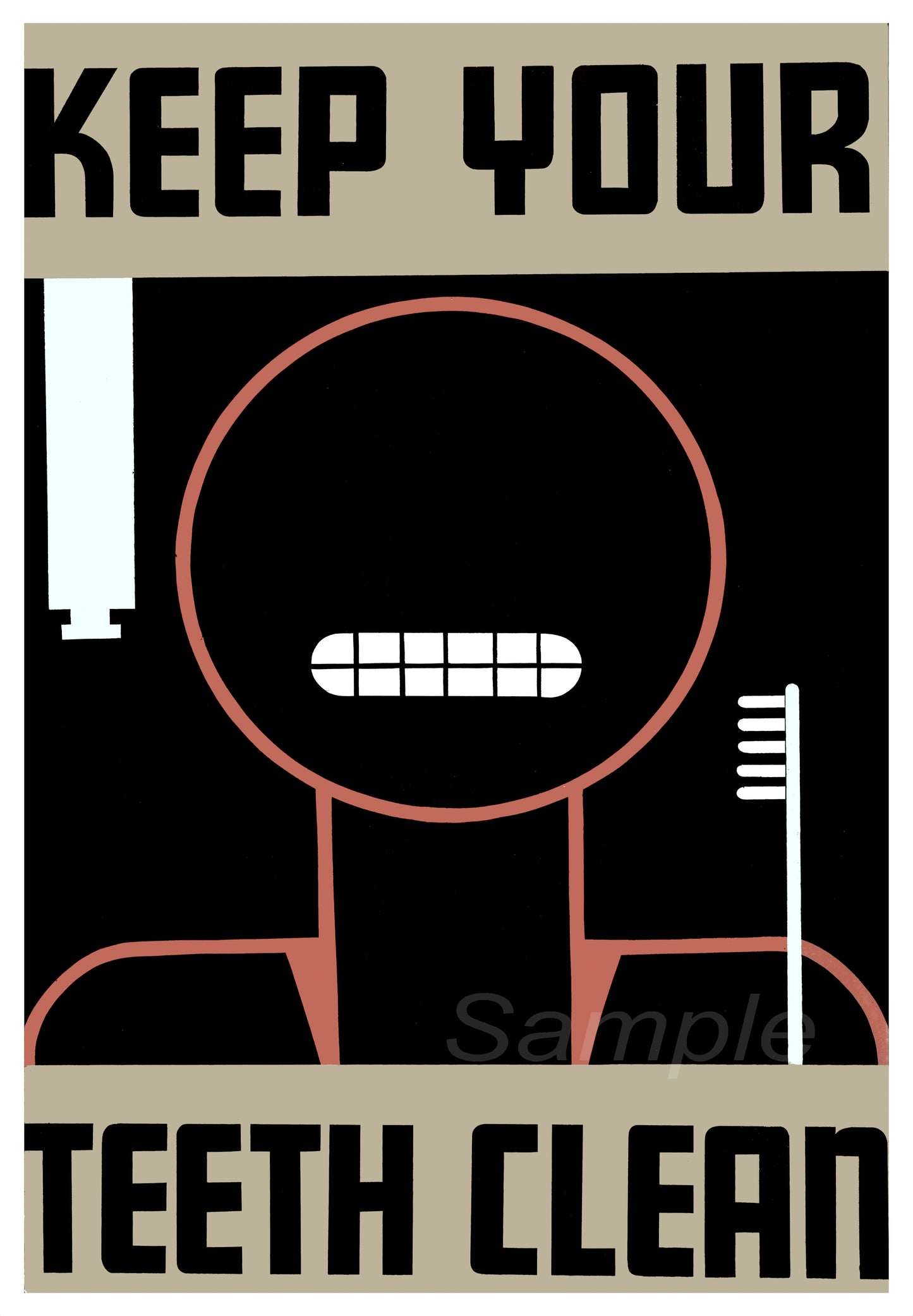 Vintage style advertising poster featuring a character with a toothbrush and toothpaste, with the text 'Keep Your Teeth Clean'.