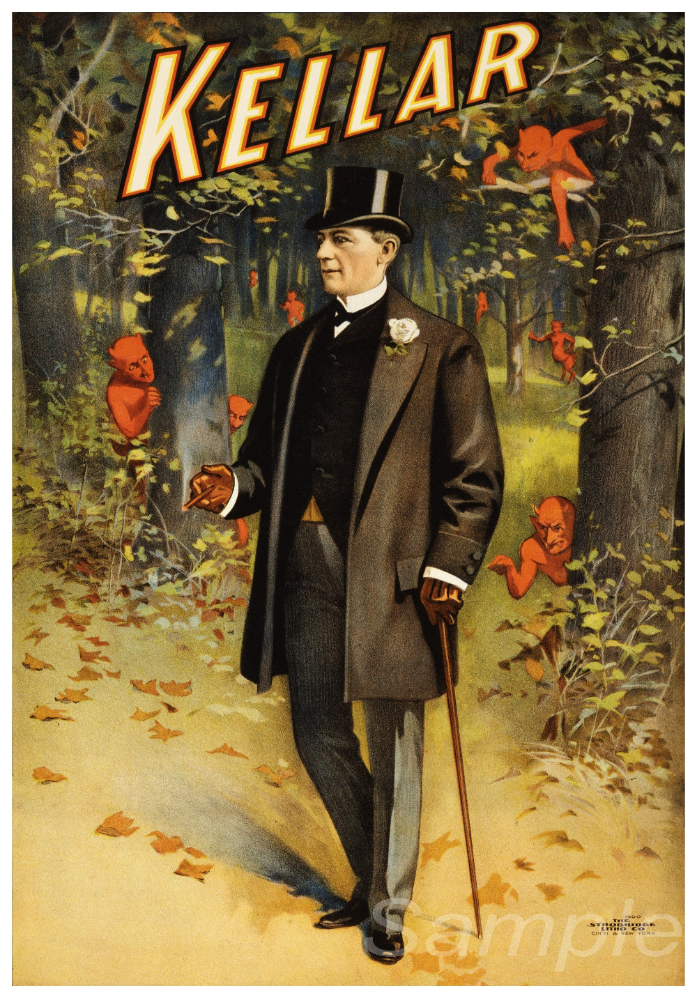 Vintage advertising poster featuring a man in a top hat and coat, smoking a pipe, with the text 'Kellar' above him. There are red birds in the background, and the poster has a retro, forest-like setting.