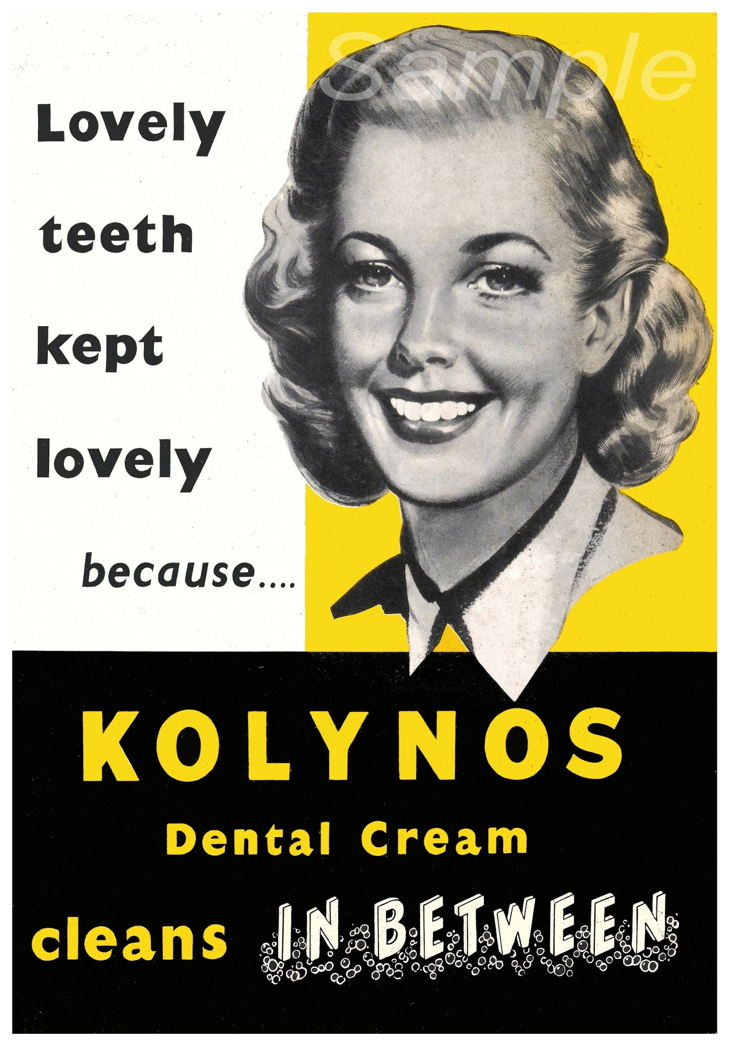 Vintage advertisement poster for Kolynos dental cream featuring a smiling woman with a vibrant yellow background. The text highlights the product's benefits for keeping teeth lovely.