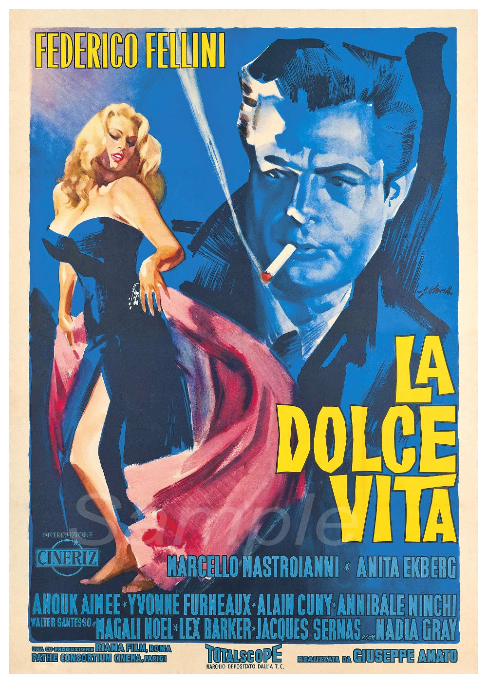 Vintage movie poster for 'La Dolce Vita' featuring Federico Fellini and other actors, with a blue and red design.