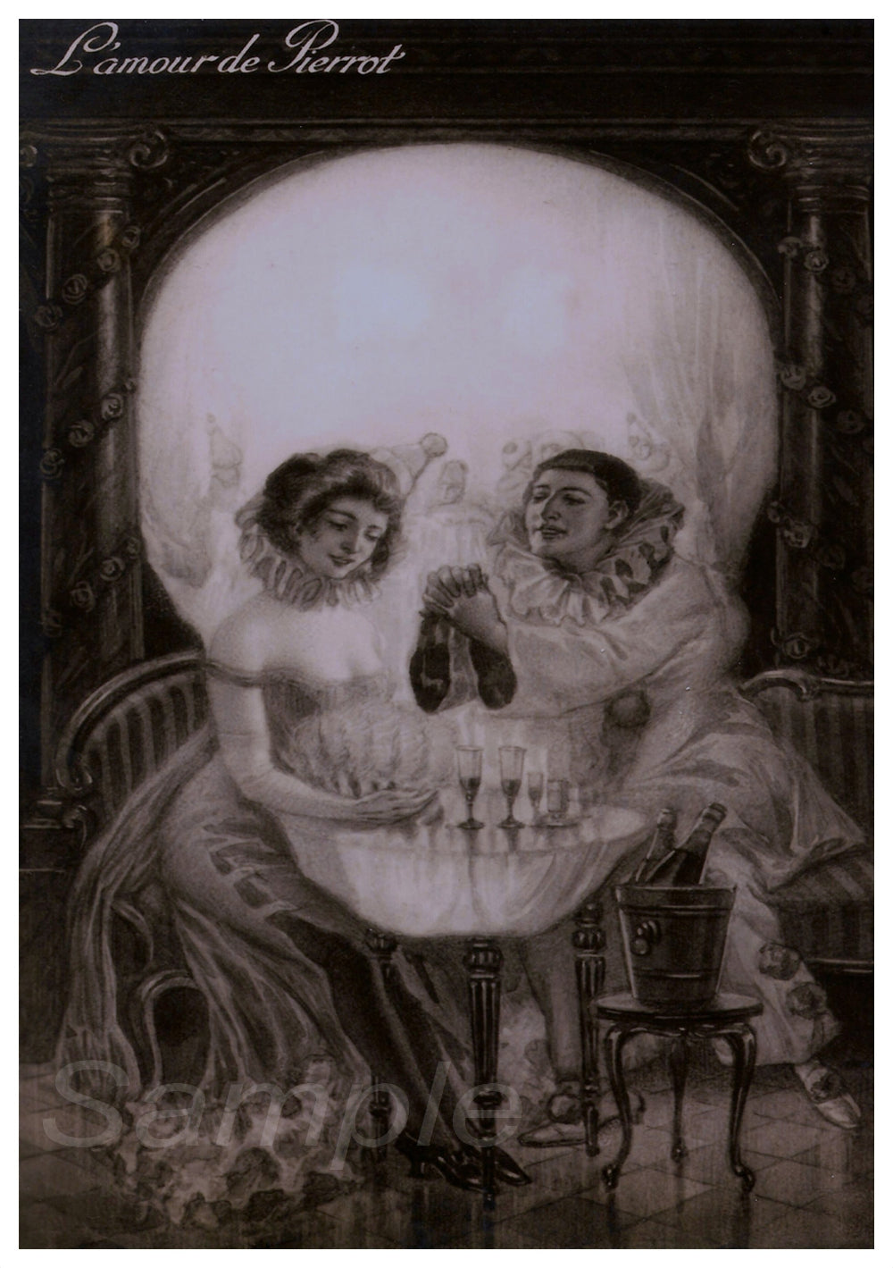 A vintage black and white poster featuring a stylized illustration of a skull with a woman's face and a man's face, suggesting a thematic scene possibly related to a theatrical or circus performance.
