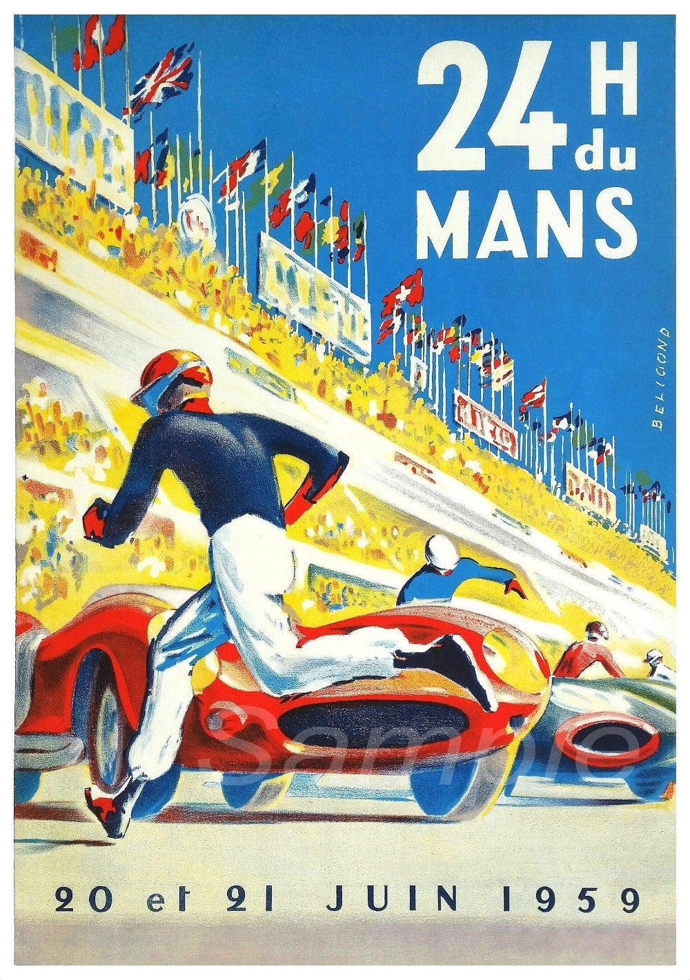 Vintage style racing poster featuring a man on a motorcycle with a background of a race track and spectators, advertising a 24-hour race that took place on June 21, 1959.