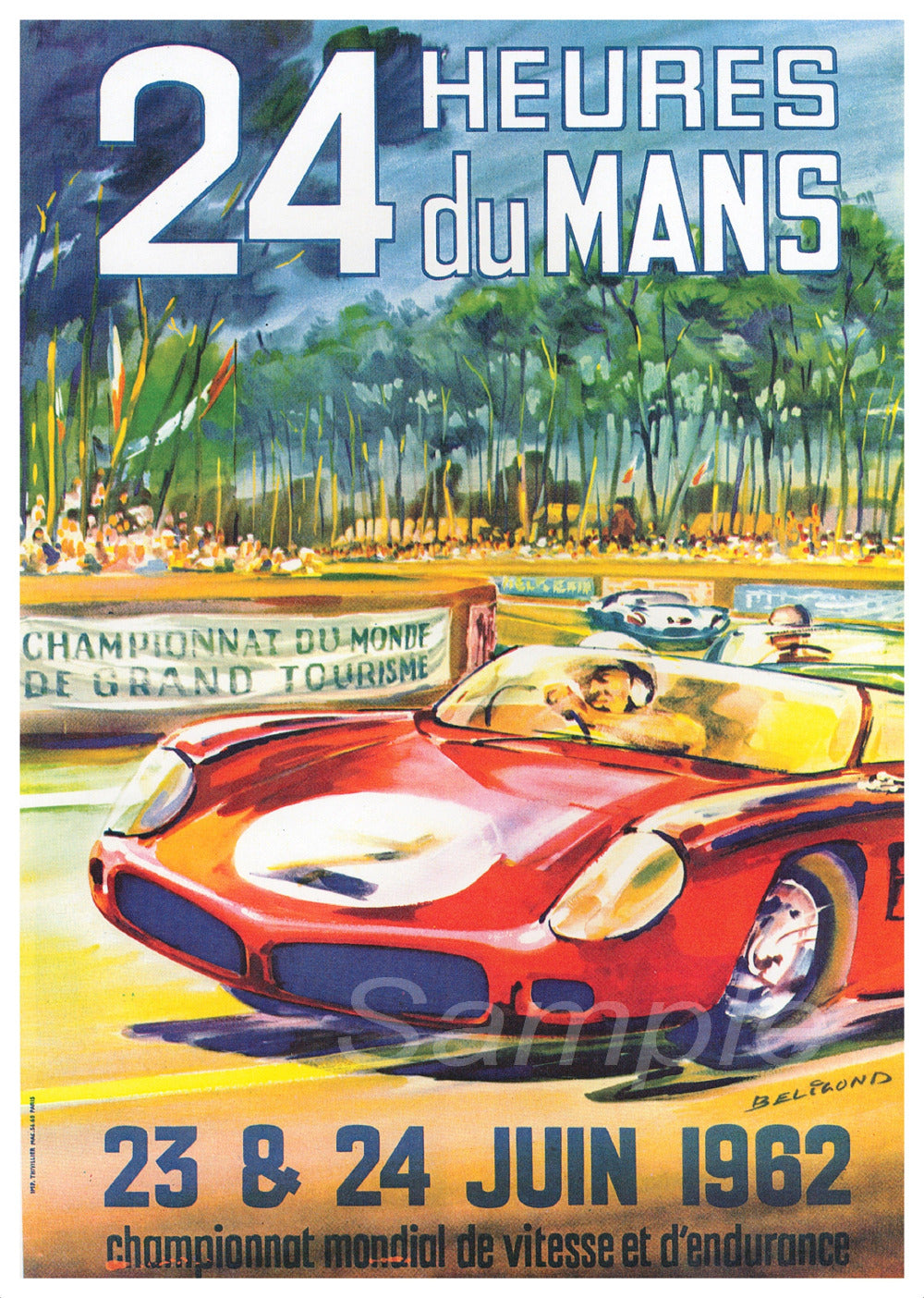 Vintage style poster print featuring a red sports car on a race track with a green background, advertising a Le Mans racing event from 1962.