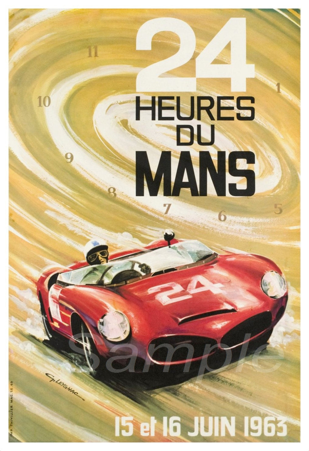Vintage style poster featuring a red racing car with the number 24 and the text '24 Heures du Mans' on a yellow and blue background, indicating a Le Mans racing event from 1963.