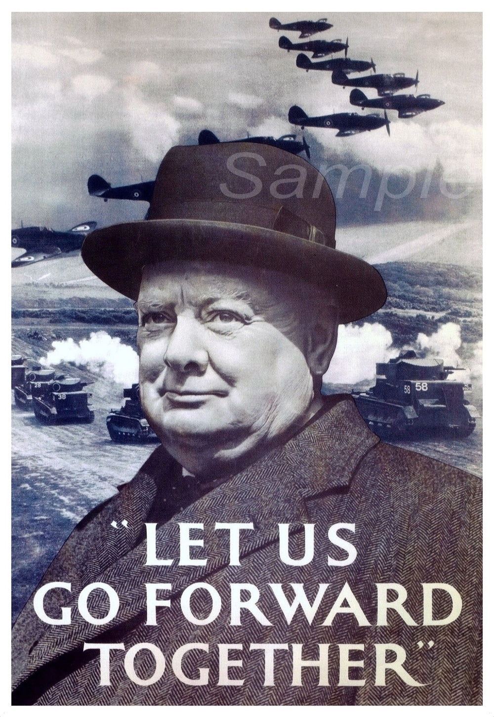 Vintage style poster featuring Winston Churchill with a background of warplanes and the text 'LET US GO FORWARD TOGETHER'.