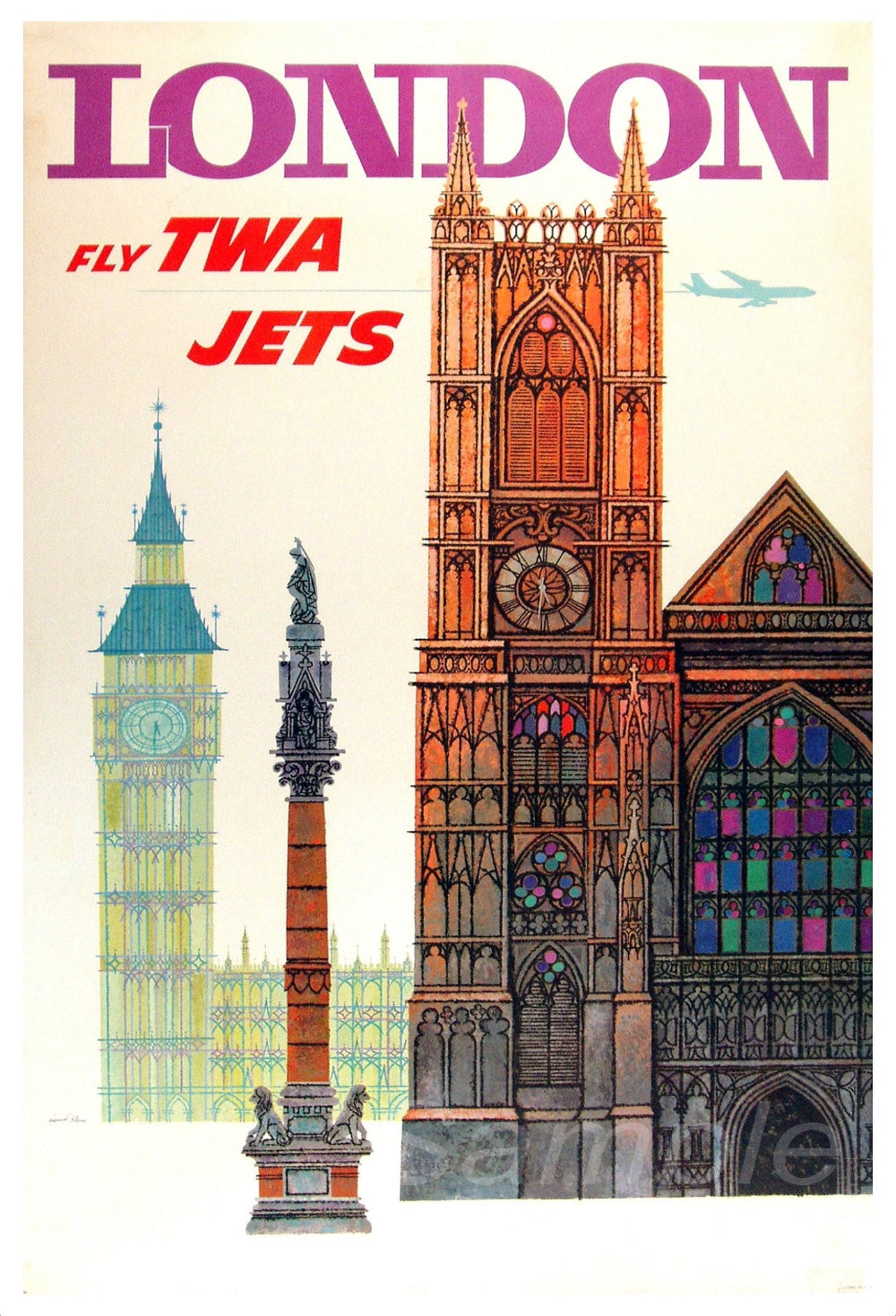 Vintage style travel poster featuring iconic London landmarks with an illustration of St. Paul's Cathedral, Big Ben, and the London Eye.