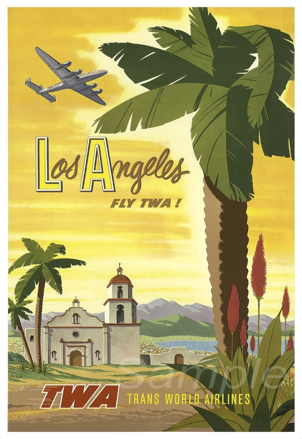 Vintage style travel poster featuring Los Angeles with an airplane, palm trees, and a mission-style church.