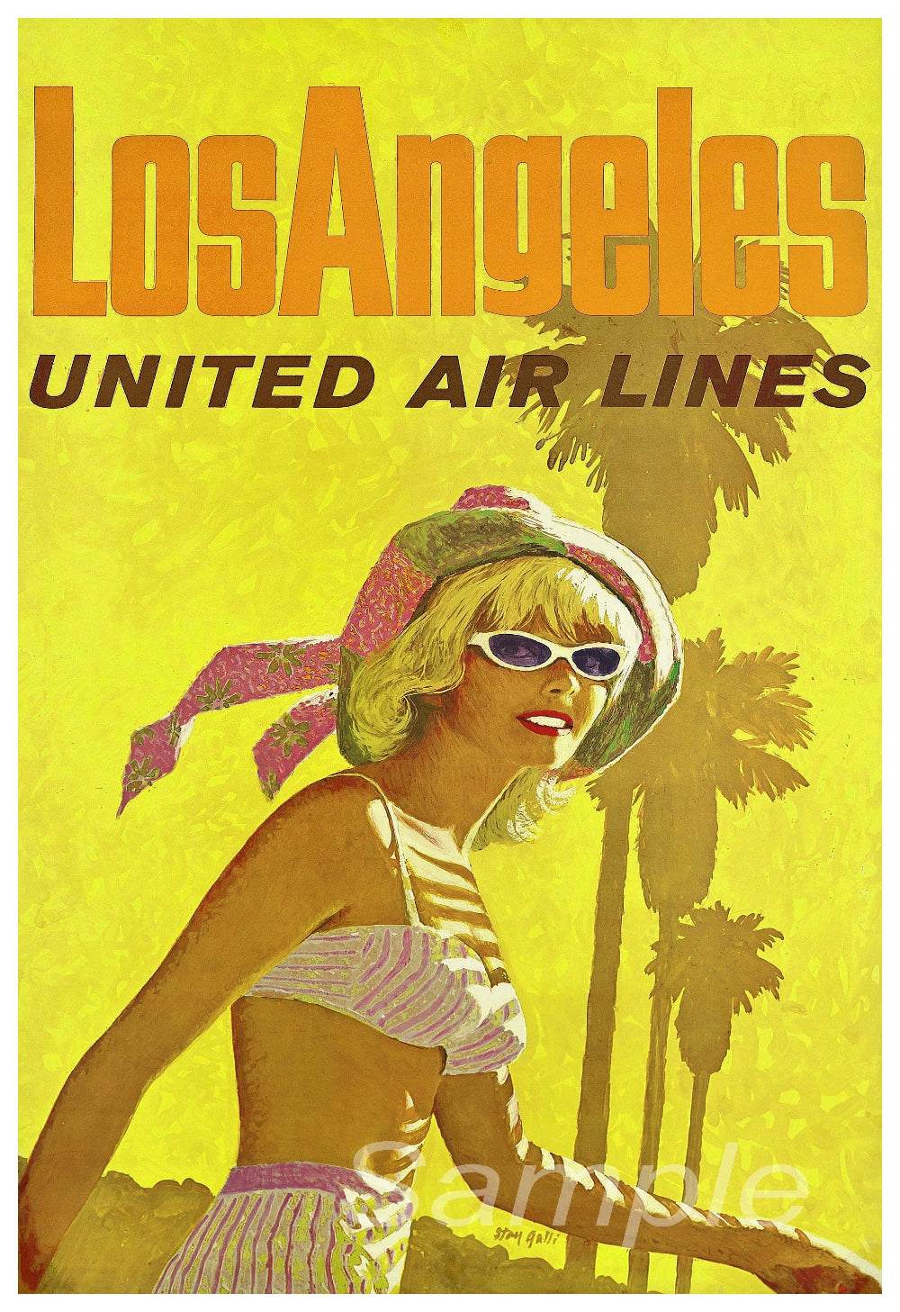 Vintage style travel poster featuring a woman in sunglasses and a sun hat, with palm trees in the background, and the text 'LOS ANGELES UNITED AIR LINES' at the top.