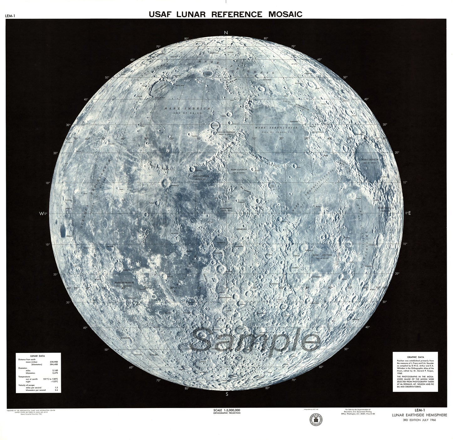 A printed poster of the USAF Lunar Moon Map, showing a detailed image of the moon's surface, with a watermark word 'Sample' across it.
