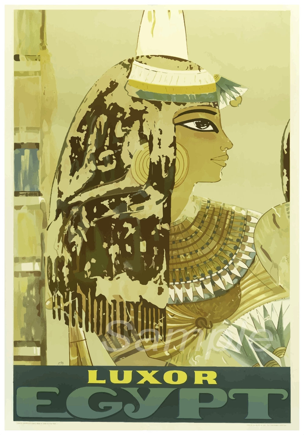 A colorful travel poster featuring a stylized depiction of a woman with Egyptian-themed accessories, such as a headdress and necklace, against a vintage-style background with 'Luxor Egypt' text.