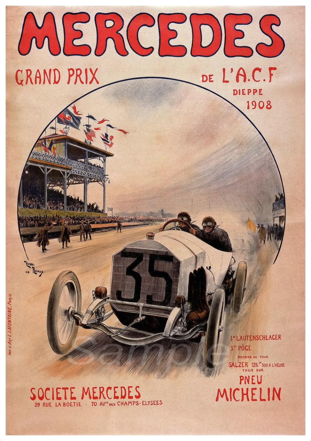 Vintage poster print featuring early 20th century Mercedes-Benz racing cars at a track, with a red and white Grand Prix de L'ACF 1908 label, and the Mercedes-Benz logo.
