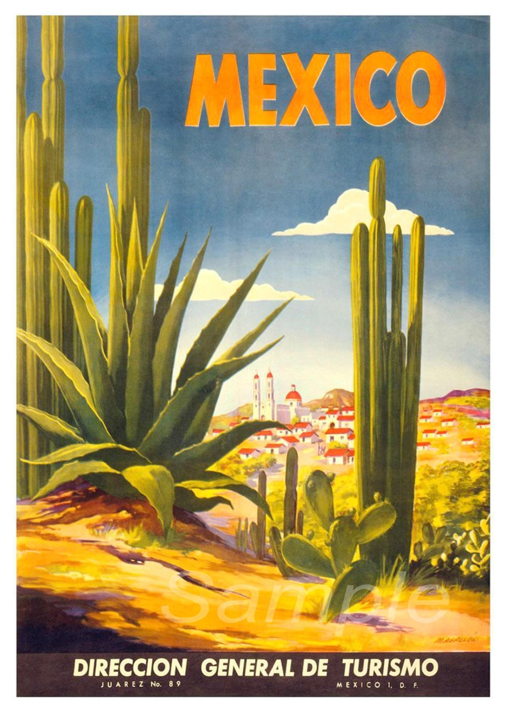 Vintage style travel poster featuring a green cactus with a town in the background, and the text 'Mexico' and 'Director General de Turismo'.