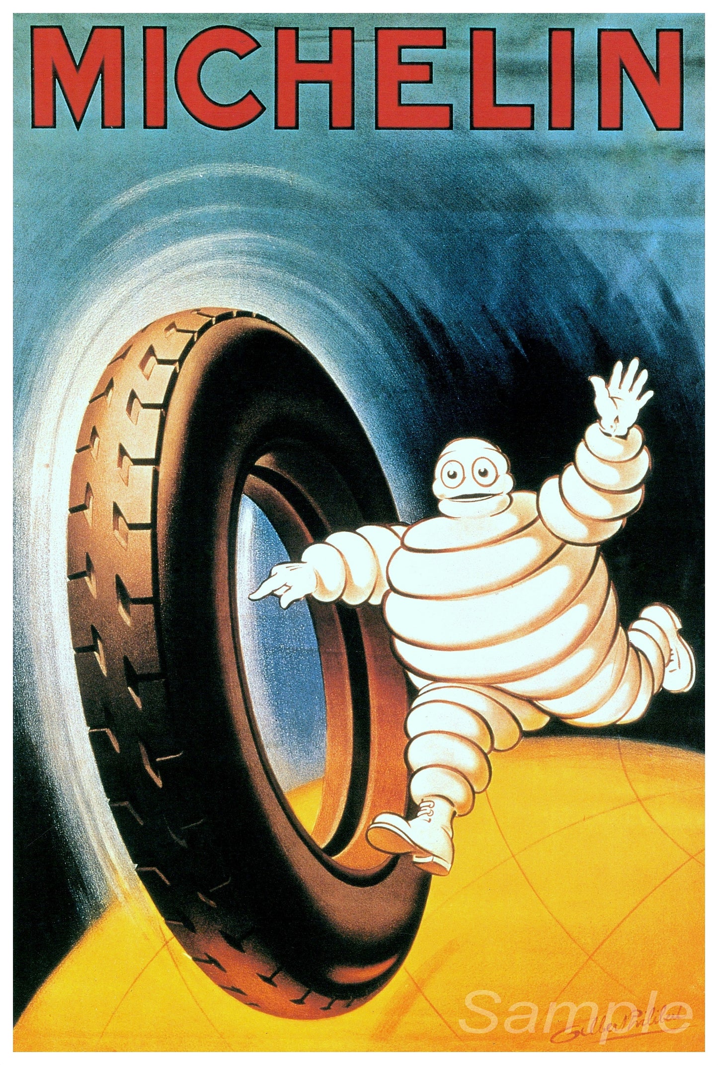 A vintage Michelin Tyres advertisement poster featuring the Michelin man alongside a tire.