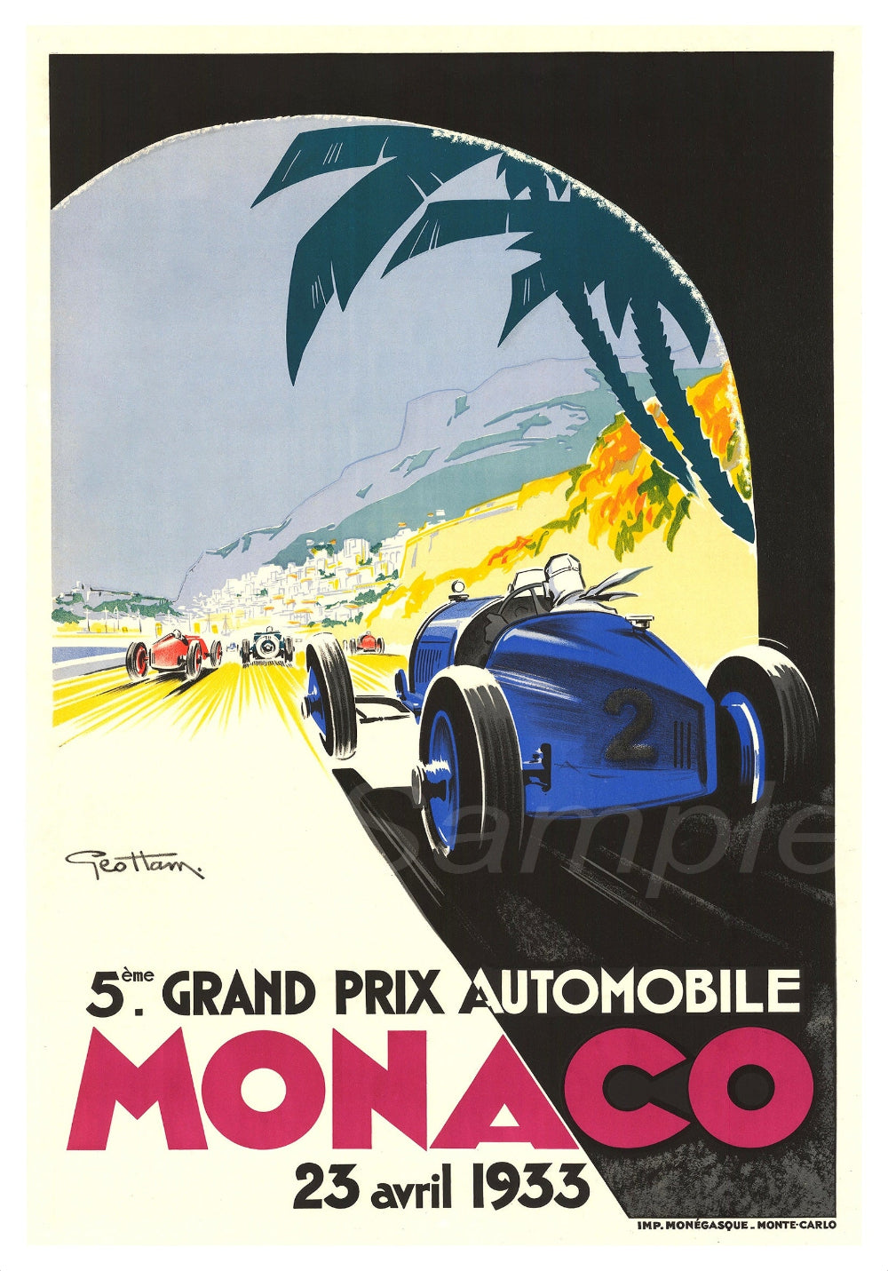 A vintage poster print featuring a stylized representation of race cars on a track with a backdrop of a palm tree and mountains, with the text '5th Grand Prix Automobile Monaco 25/4/1933'.