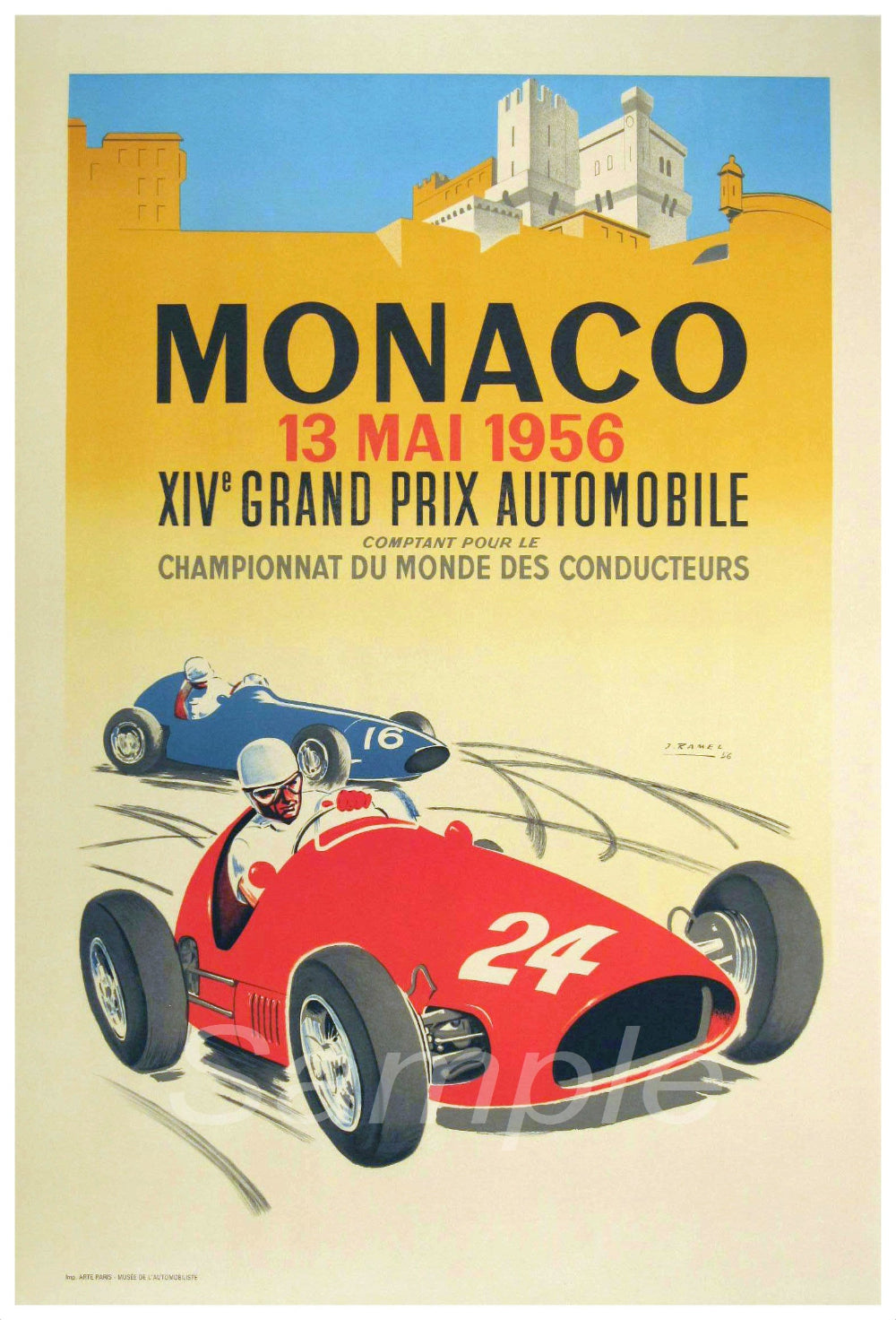 Vintage poster print for the 1956 Monaco Grand Prix featuring illustrations of racing cars and drivers on a high-speed track, with the text 'Monaco 13 mai 1956' and 'XIVe Grand Prix Automobile'.