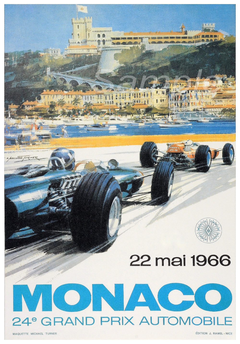 Vintage poster print of the 1966 Monaco Grand Prix with a depiction of racing cars and the Monaco harbor in the background.