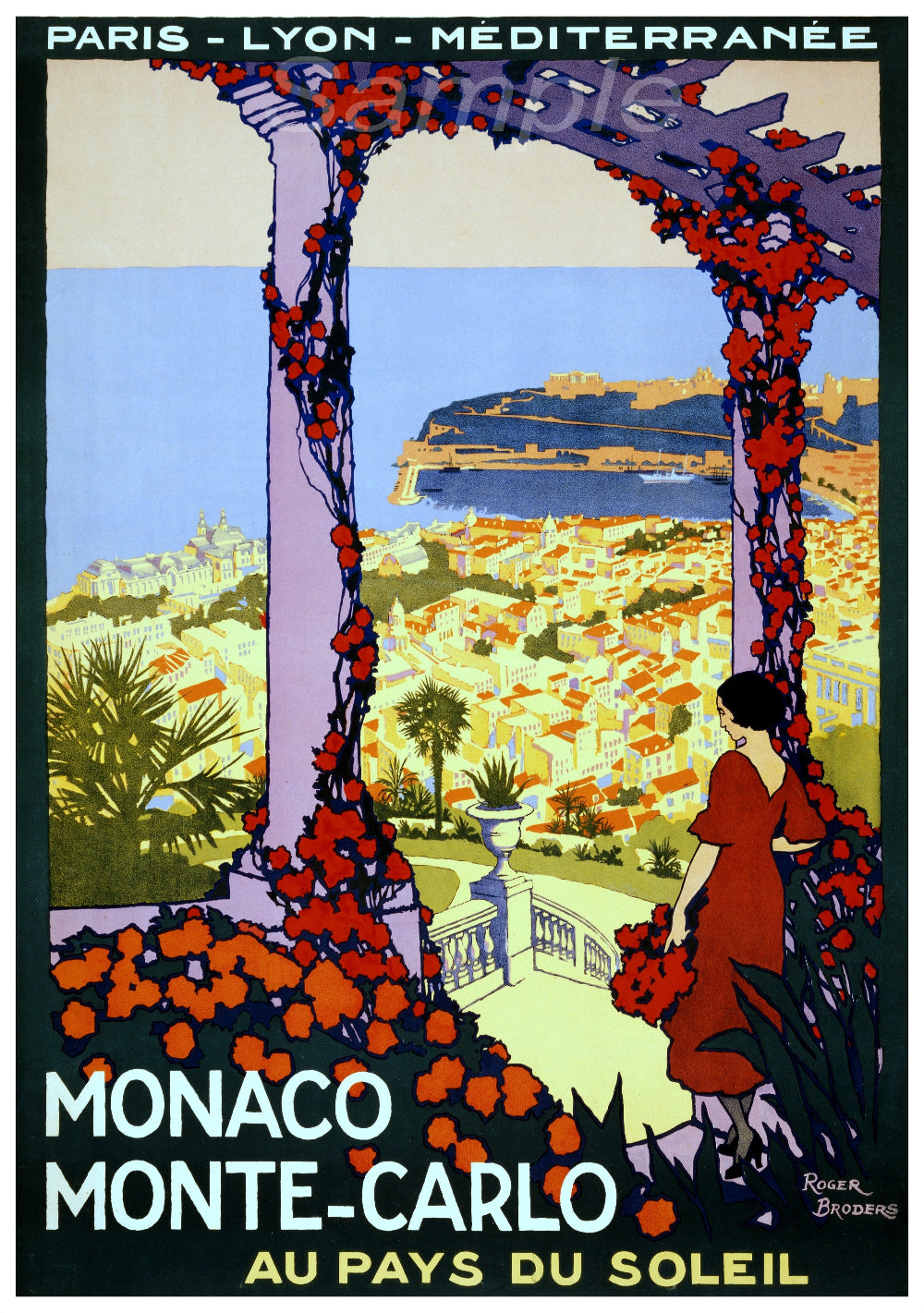 Vintage travel poster for Monaco Monte Carlo featuring a colorful illustration of the cityscape and a woman with flowers.