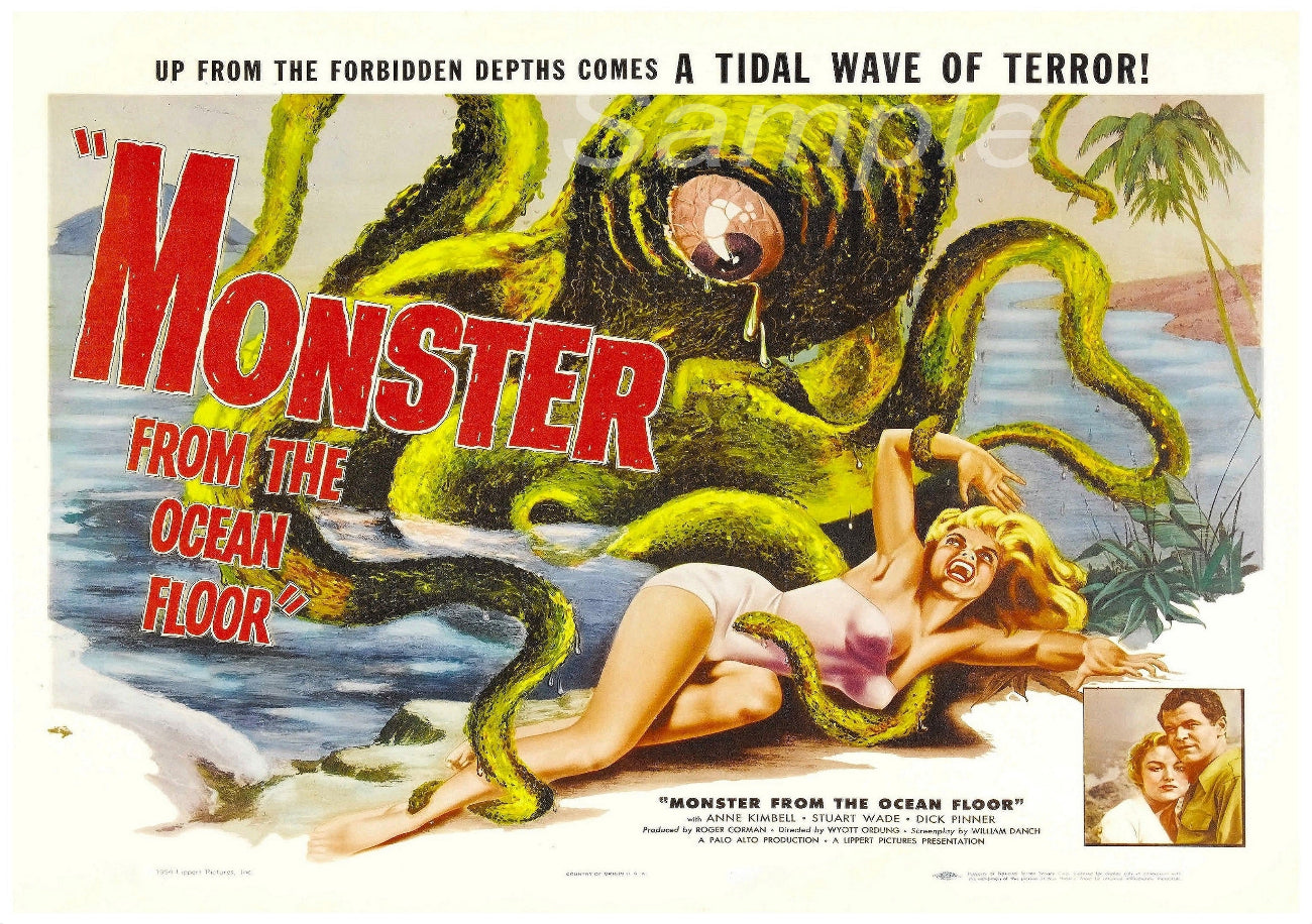 Vintage movie poster for 'Monster From The Ocean Floor' featuring a green octopus-like creature with a woman lying on the ground in front of it, with the ocean and palm trees in the background.