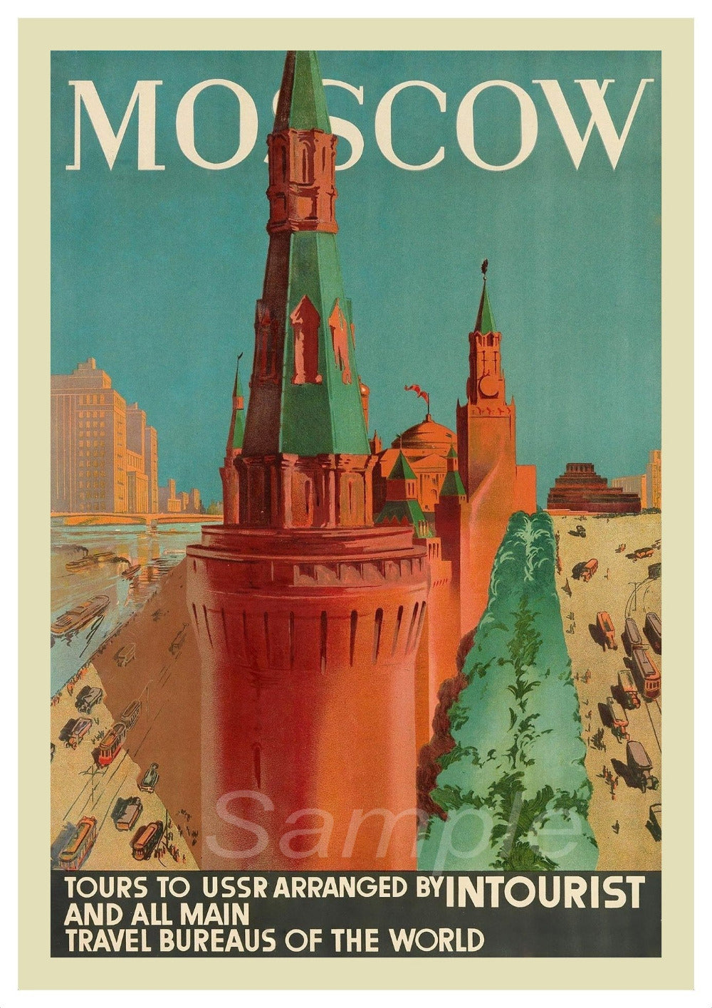 Vintage style travel poster depicting a colorful map of Moscow with prominent landmarks, such as the Kremlin and St. Basil's Cathedral, surrounded by a vibrant red background.