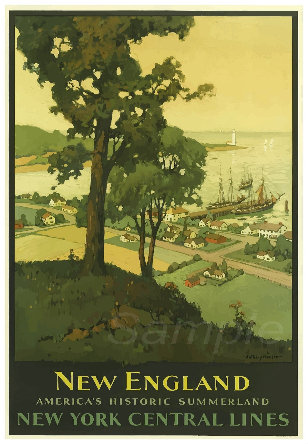 A vintage railway poster print featuring a pastoral scene with a tree, a house, a barn, a boat, and a lighthouse, titled 'New England New York Central Lines'.