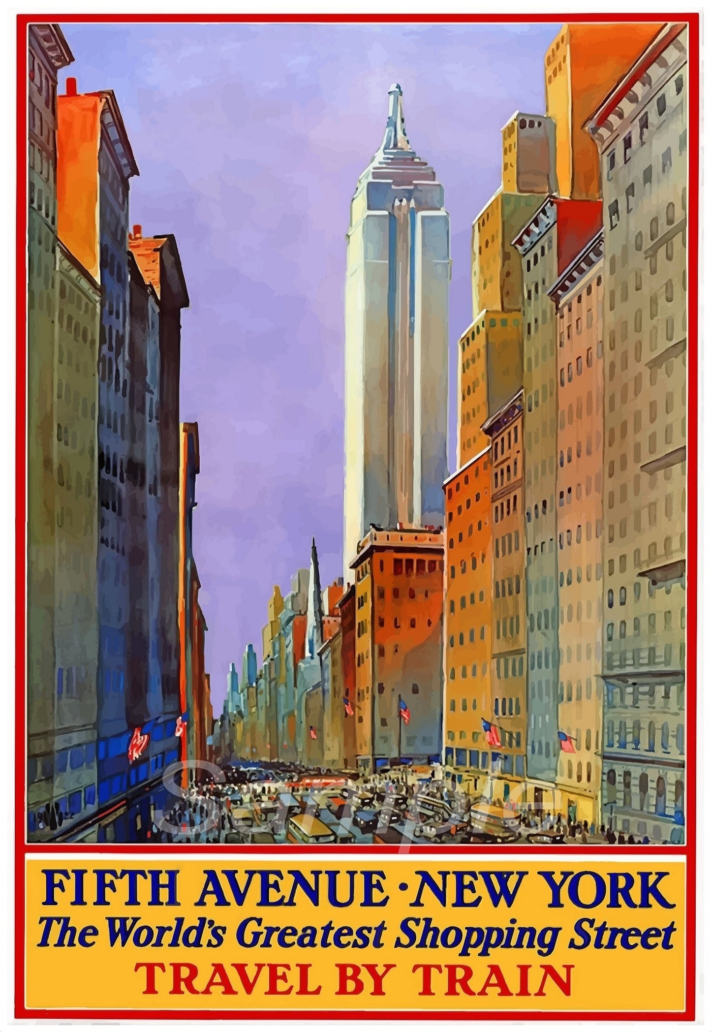 Vintage style travel poster depicting Fifth Avenue in New York with a vibrant illustration of the street and surrounding area, including a building resembling the Empire State Building.