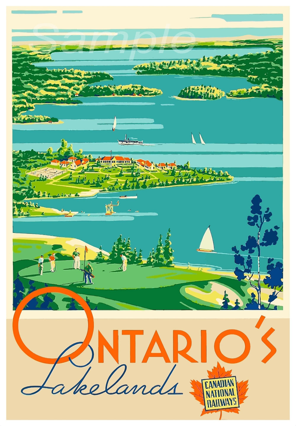 A vintage style travel poster featuring a colorful depiction of a lake landscape in Ontario, Canada, with text that reads 'Ontario's Lake Country' and 'Canada's Wonderland'. The poster has a retro aesthetic with a vivid representation of a lake, trees, and a clear sky.