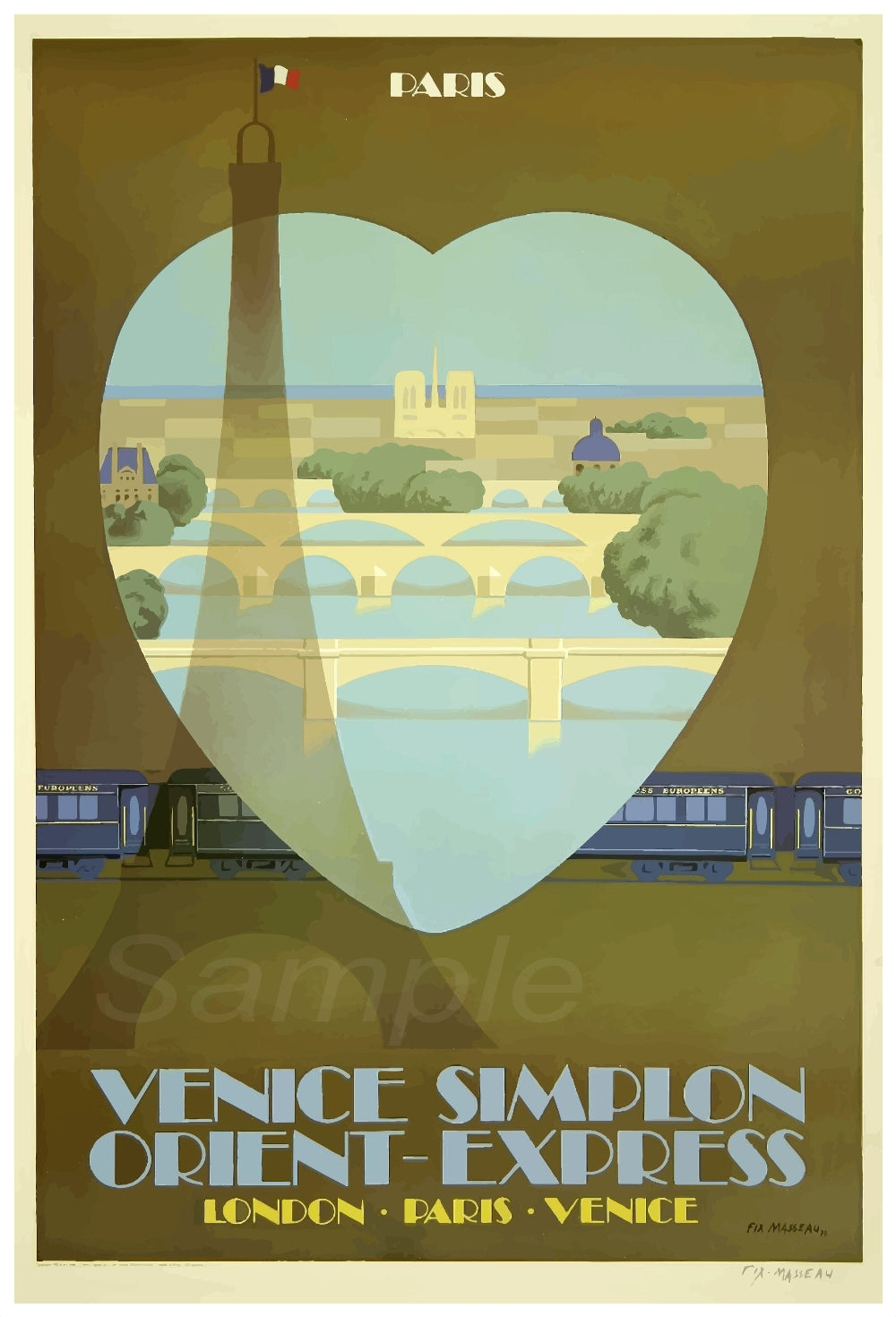 A vintage style poster depicting the Orient Express train with iconic landmarks and a heart shape in the background.
