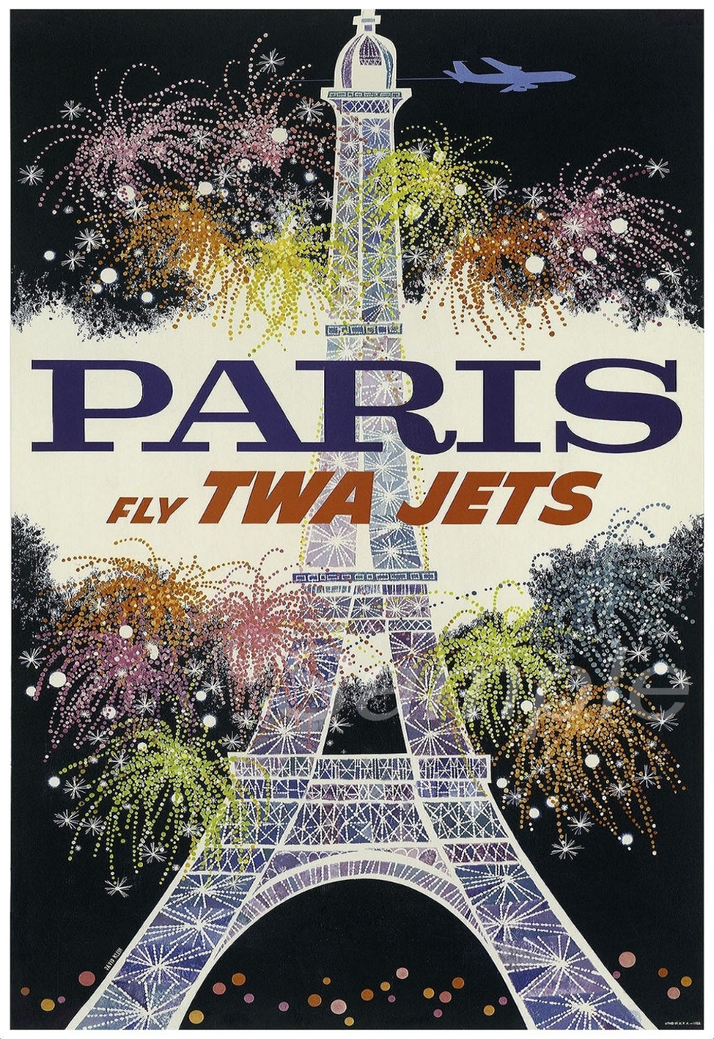A vintage style travel poster depicting the Eiffel Tower with fireworks in the background, and the text 'PARIS fly TWA JETS' displayed prominently.