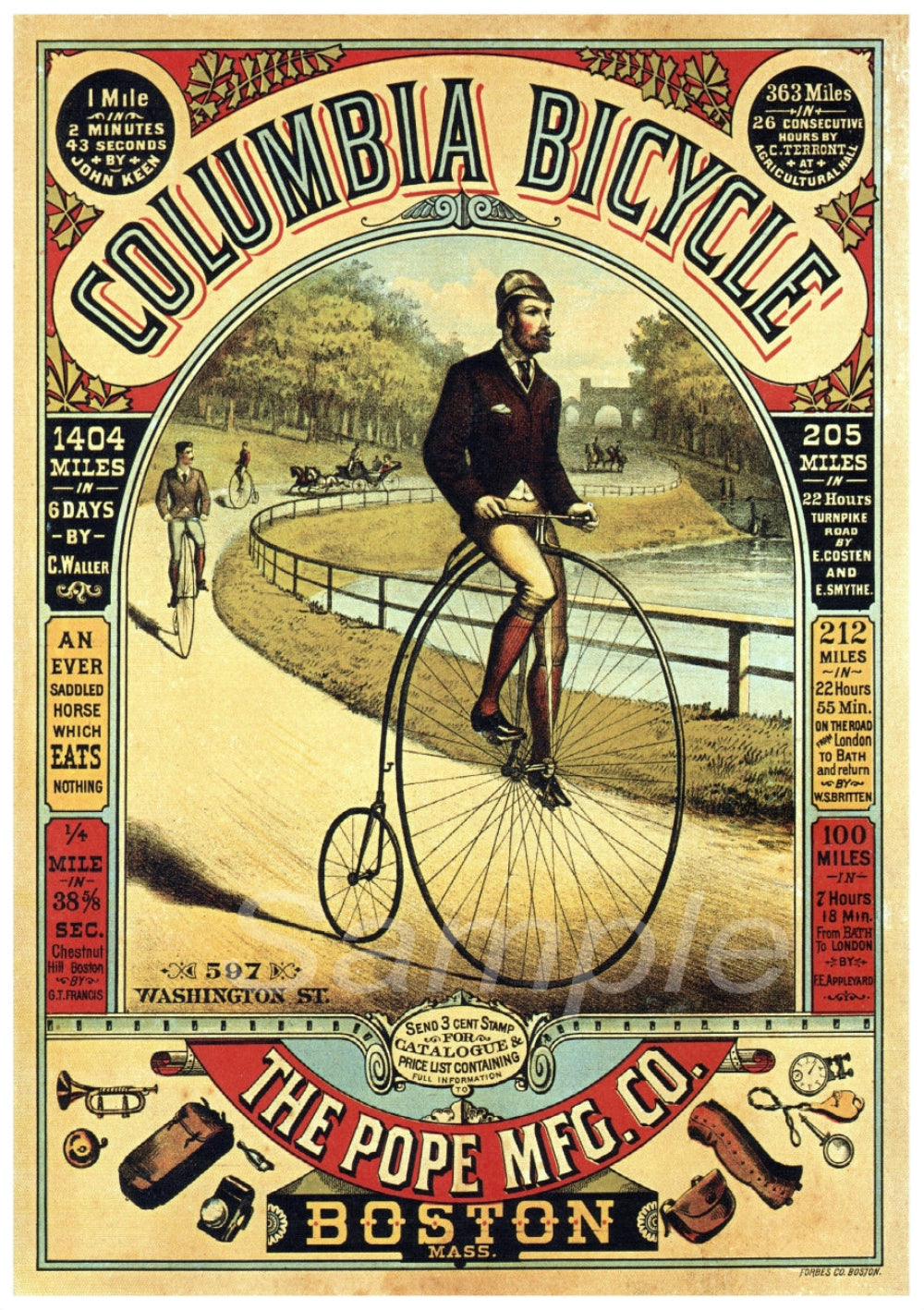 Vintage advertisement poster for Columbia Bicycle by The Pope Mfg. Co. featuring a man on a penny-farthing bicycle.