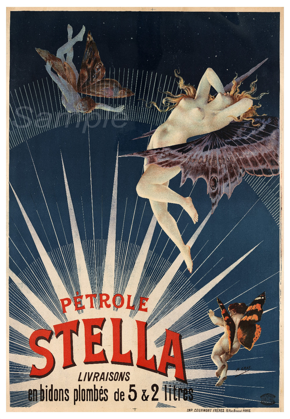 Vintage advertisement poster for Petrole Stella with a fairy and butterfly design.