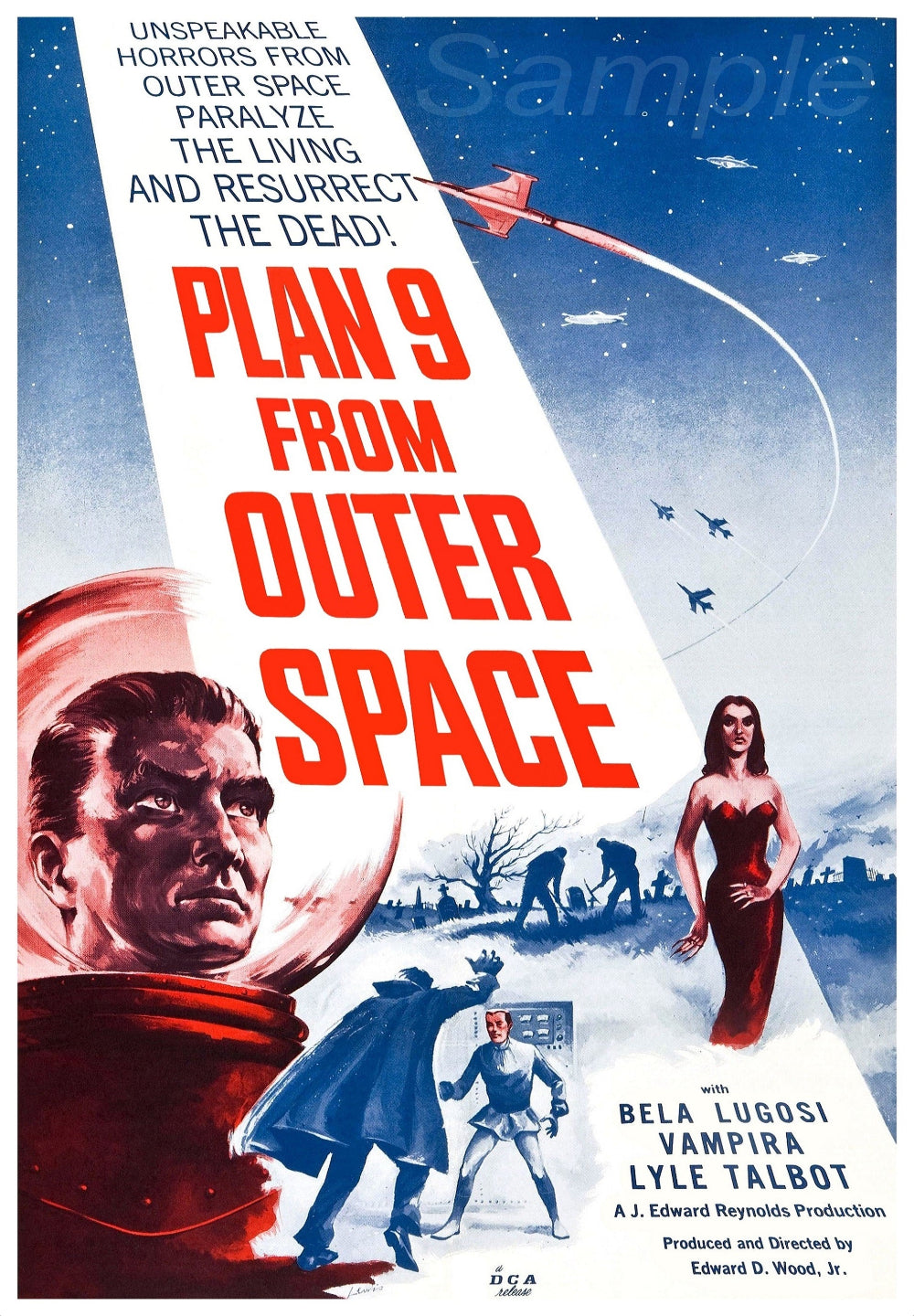Vintage movie poster for 'Plan 9 from Outer Space' with text and characters.