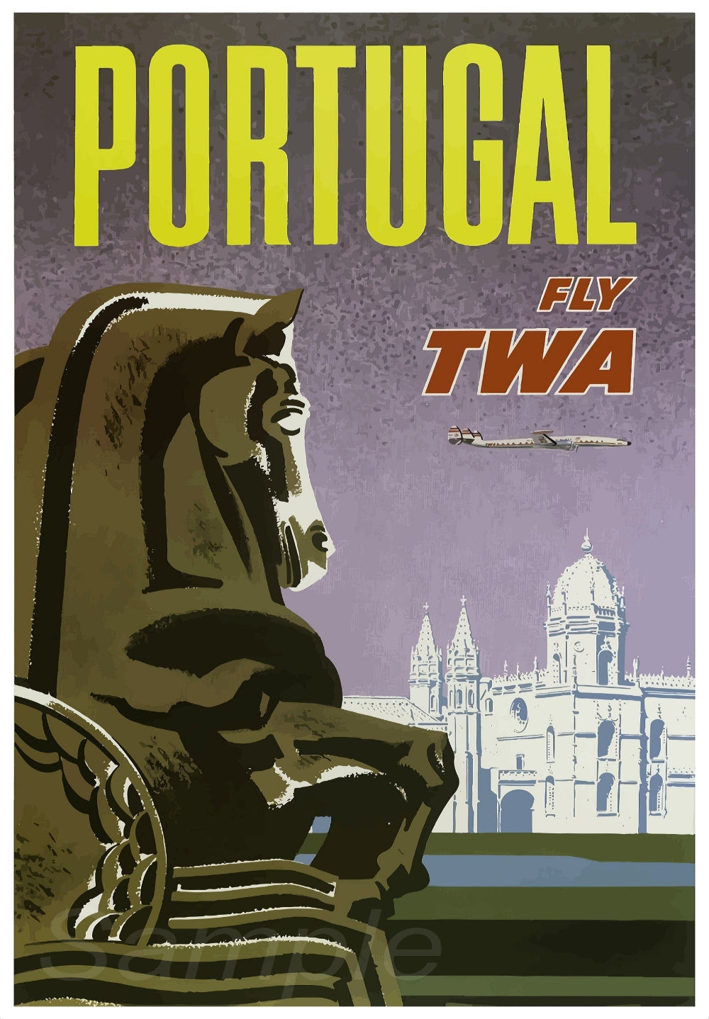 A vintage style travel poster depicting a statue and a airplane with the text 'PORTUGAL FLY TWA' in bold letters.