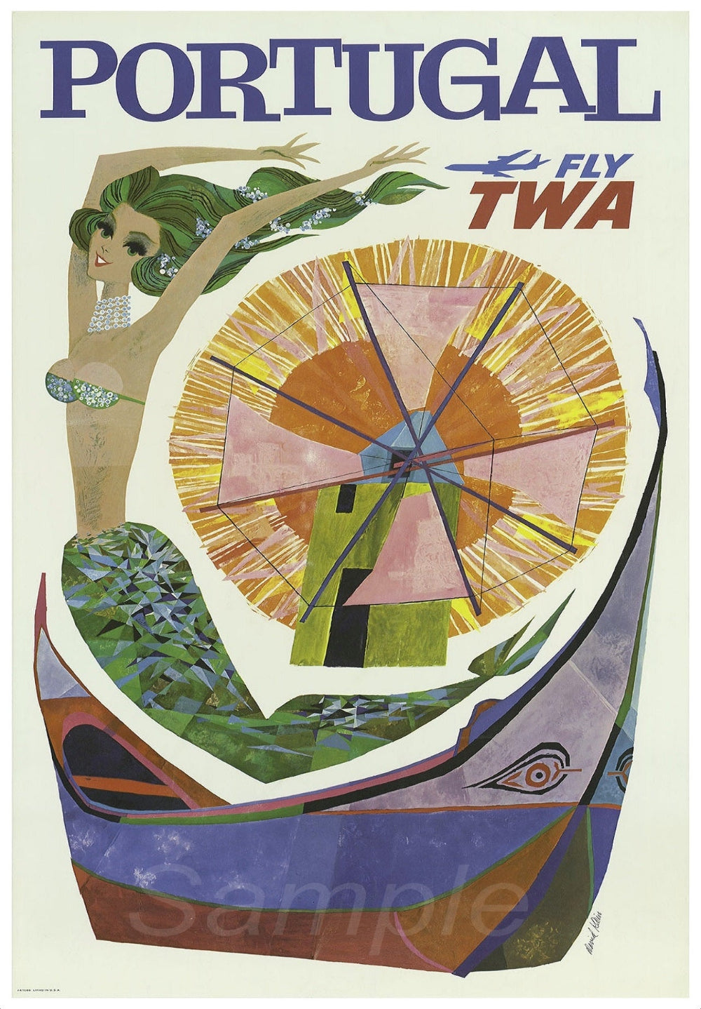 Vintage TWA Portugal travel poster with abstract design and woman in a gondola.