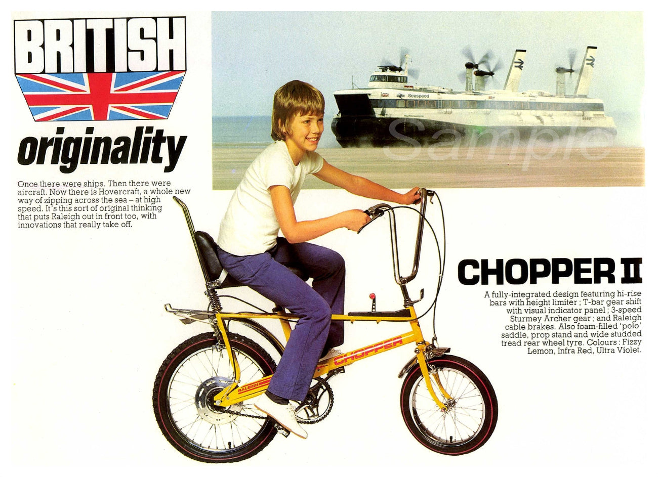 A vintage advertisement poster for Raleigh Chopper bicycles featuring a child riding the bike with a background of ships. The poster is titled 'BRITISH originality' and highlights the 'CHOPPER II' model.