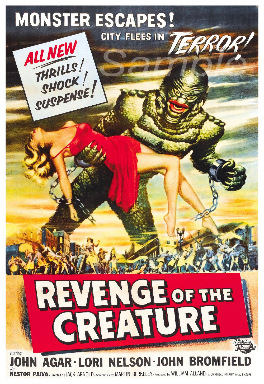 Vintage movie poster print for 'Revenge of the Creature' featuring a creature in a red dress on the loose with a city in terror.