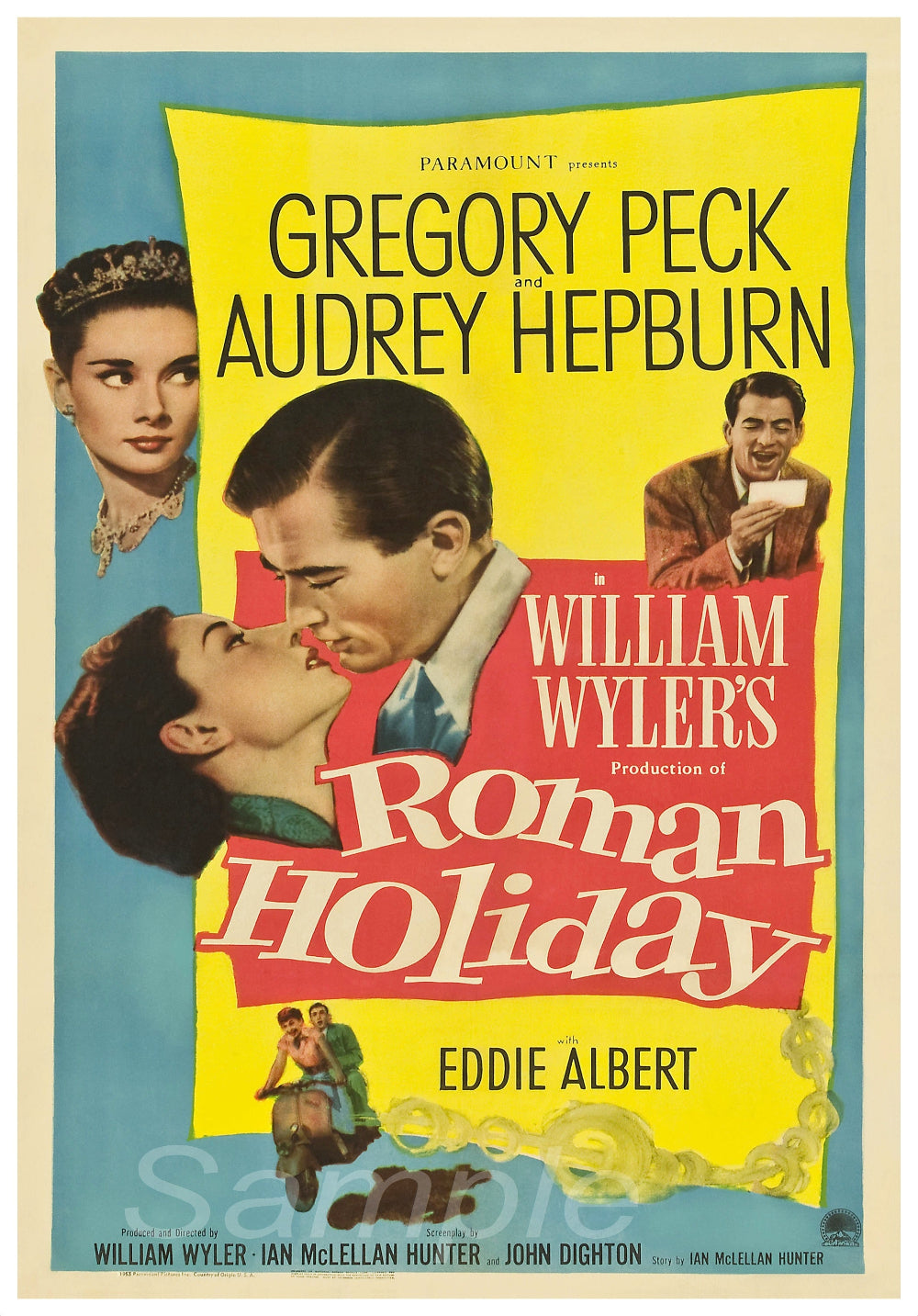 Vintage movie poster print of 'Roman Holiday' featuring Audrey Hepburn, with images of the actors and title text.