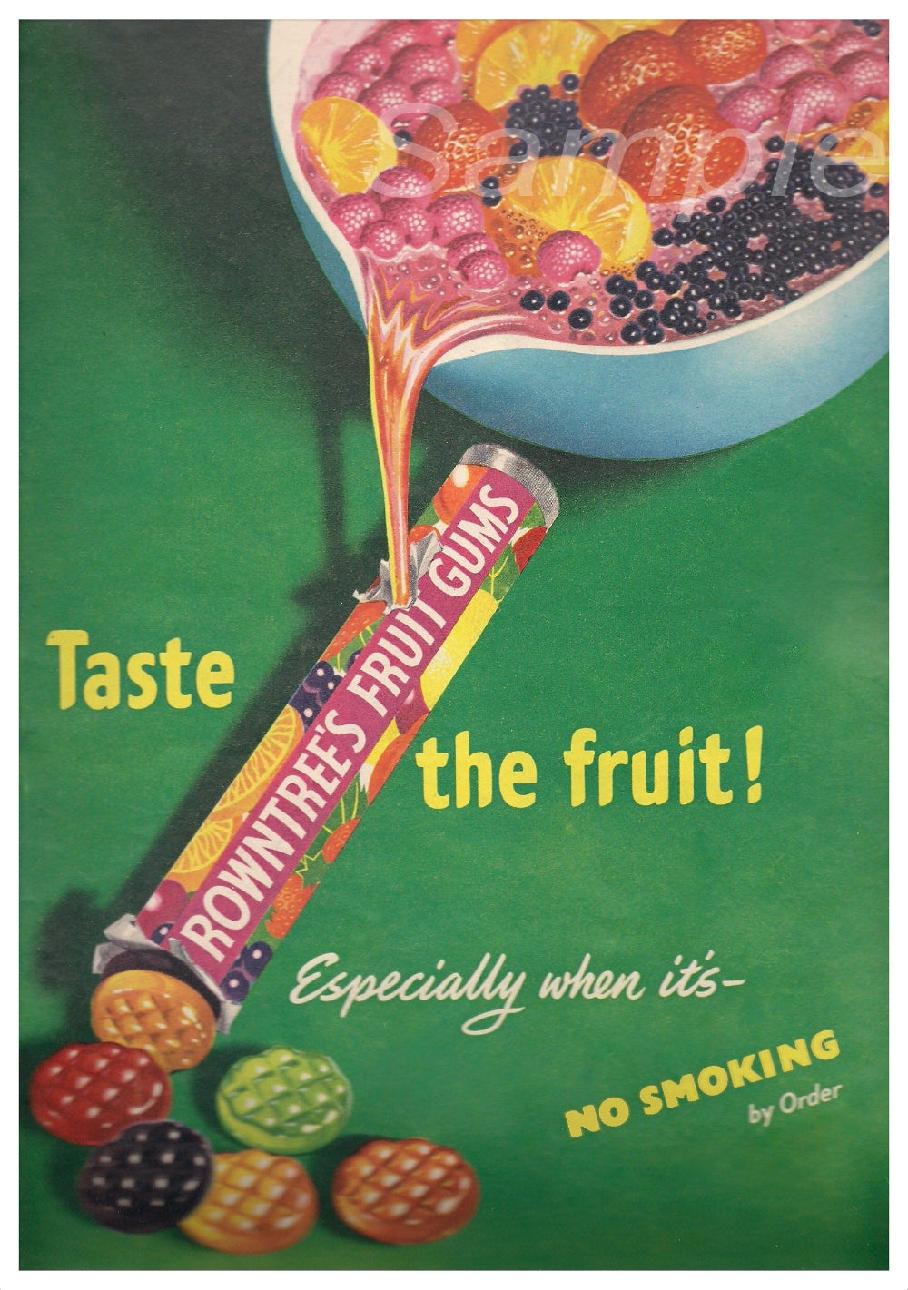 A vintage-style poster of Rowntree's Fruit Gums with a bowl of fruit and the tagline 'Taste the fruit!'