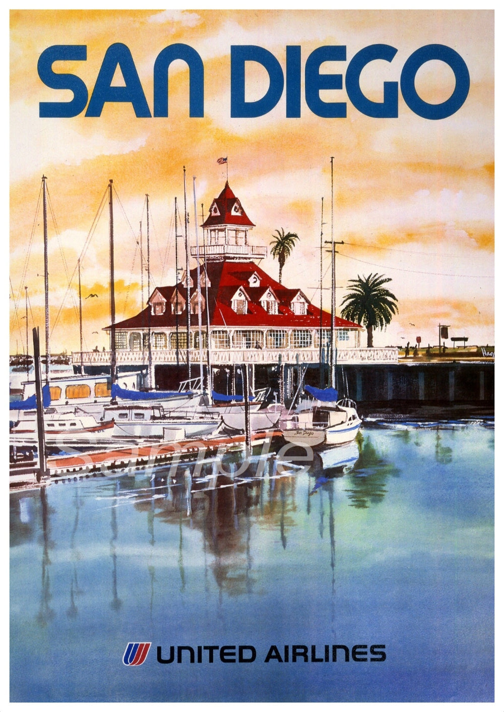 A vintage travel poster print depicting San Diego with United Airlines branding, featuring a marina and a building with a red roof at sunset.