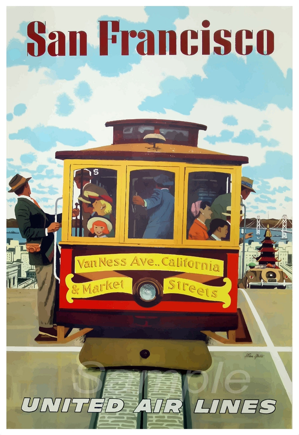 A vintage travel poster featuring a colorful depiction of a cable car on Market Street in San Francisco, with the United Air Lines logo and the name 'Van Ness Ave, California' displayed.