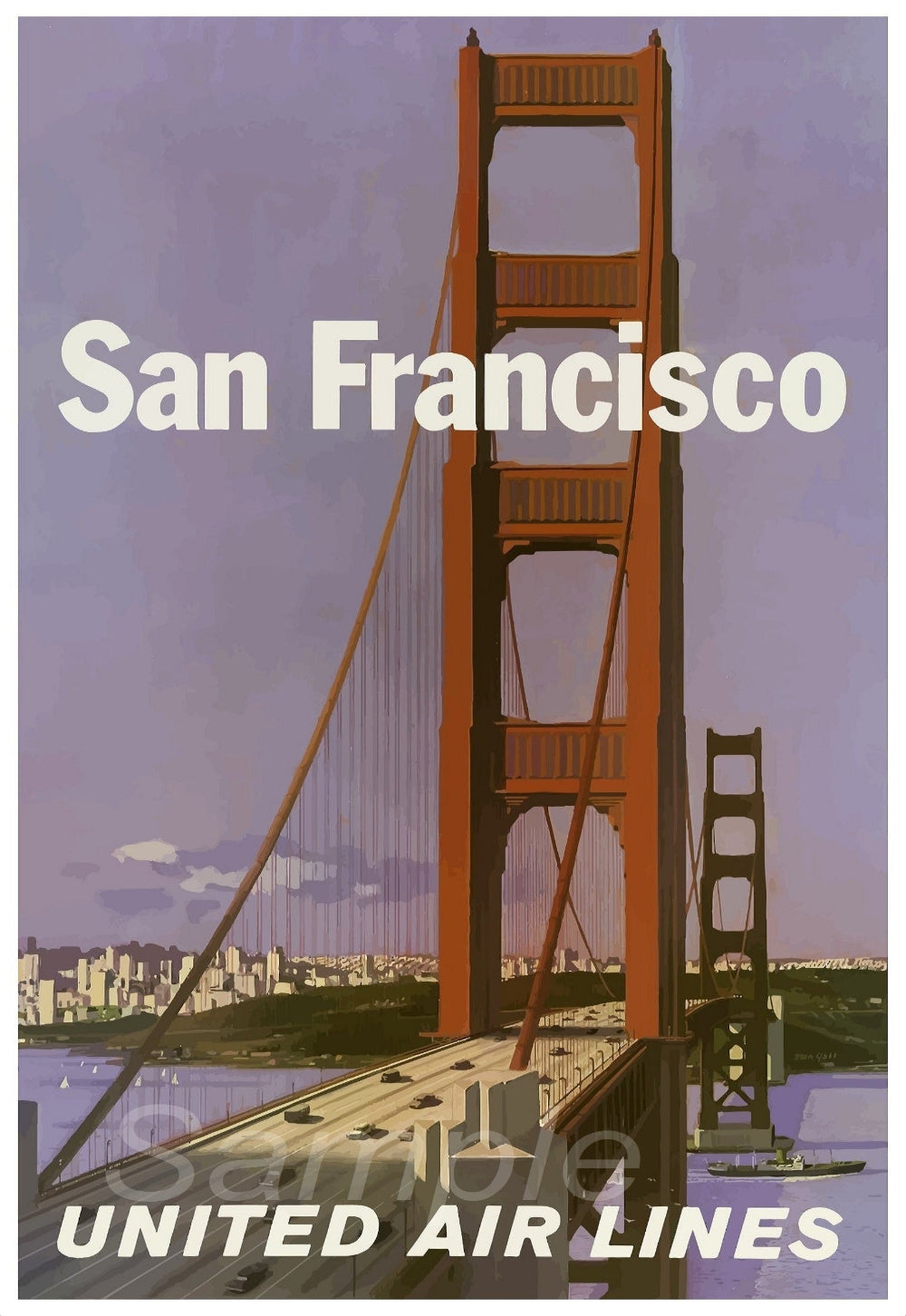 A vintage travel poster featuring the Golden Gate Bridge with 'San Francisco' and 'UNITED AIR LINES' text.