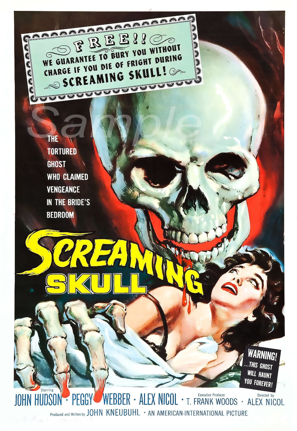 A vintage movie poster print titled 'Screaming Skull' featuring a large skull with a red eye, a woman in distress, and bold text.