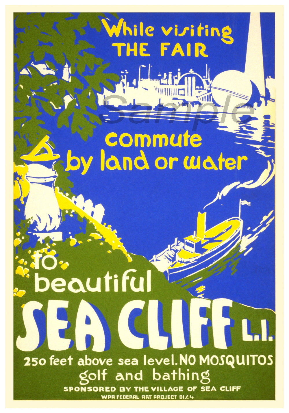 Vintage-style advertisement for Sea Cliff, LI, promoting commuting by land or water.