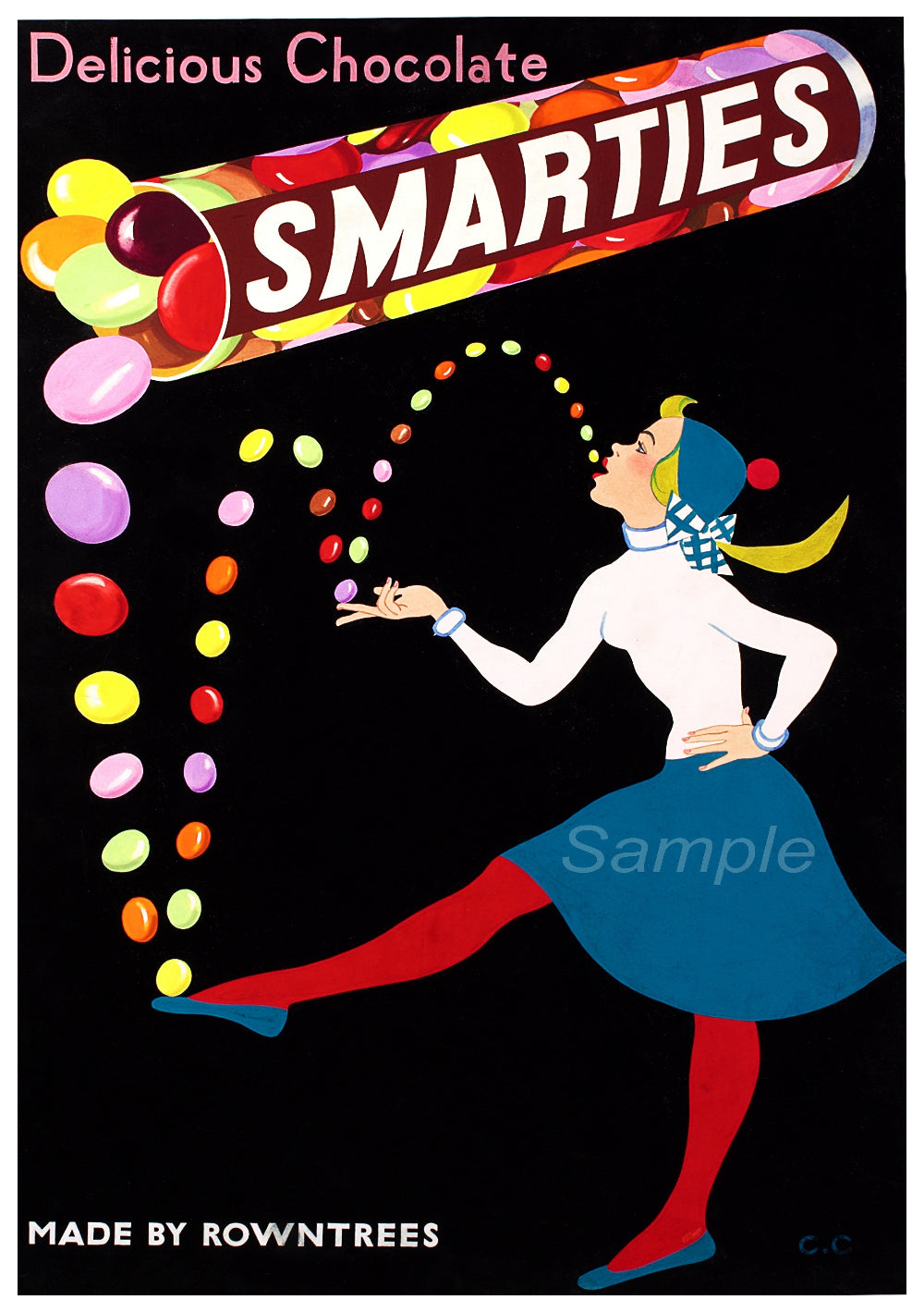 A vintage-style poster of Smarties sweets with a illustrated character juggling colorful candies.