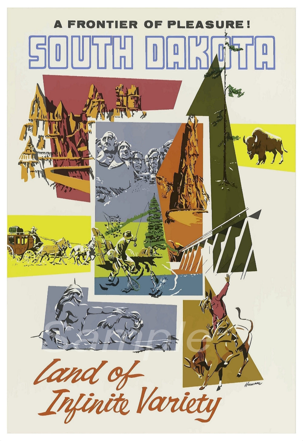 A vintage travel poster depicting various iconic images and symbols of South Dakota, including landscapes and wildlife.